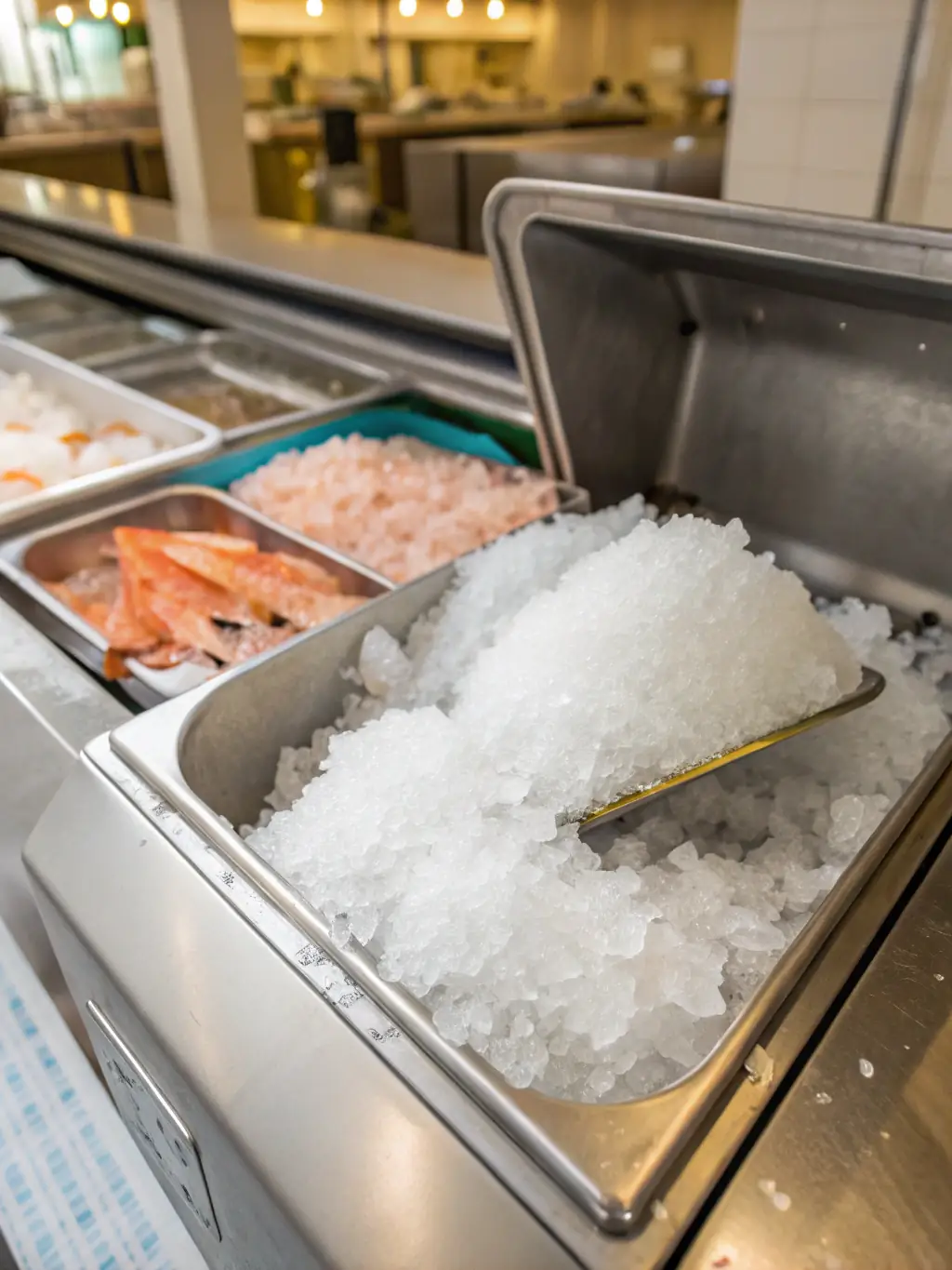 A close-up shot of a Sub-Zero refrigerator's ice maker with ice buildup, indicating a common freezing issue that Sub Zero Repair Pasadena can resolve.