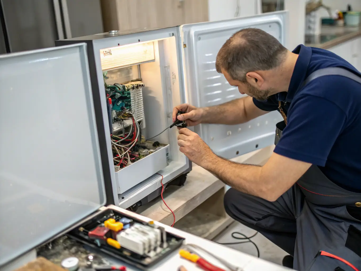 A close-up shot of a technician's hands expertly working on the internal components of a Sub-Zero refrigerator, highlighting the precision and care involved in the repair process.