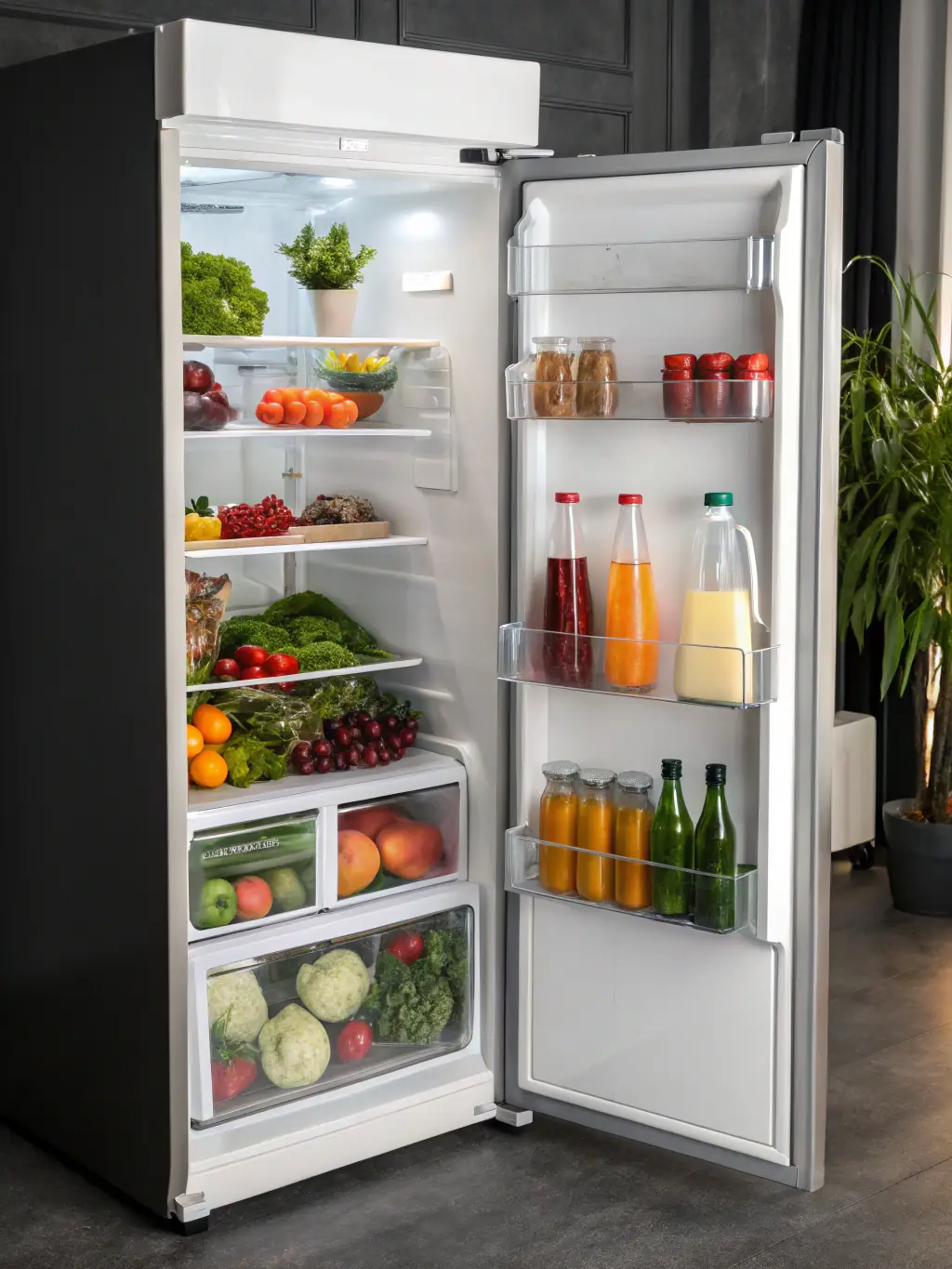 A Sub-Zero refrigerator with its door open, revealing fresh food items inside, symbolizing the reliability and optimal performance achieved through Sub-Zero Repair Pasadena's services.