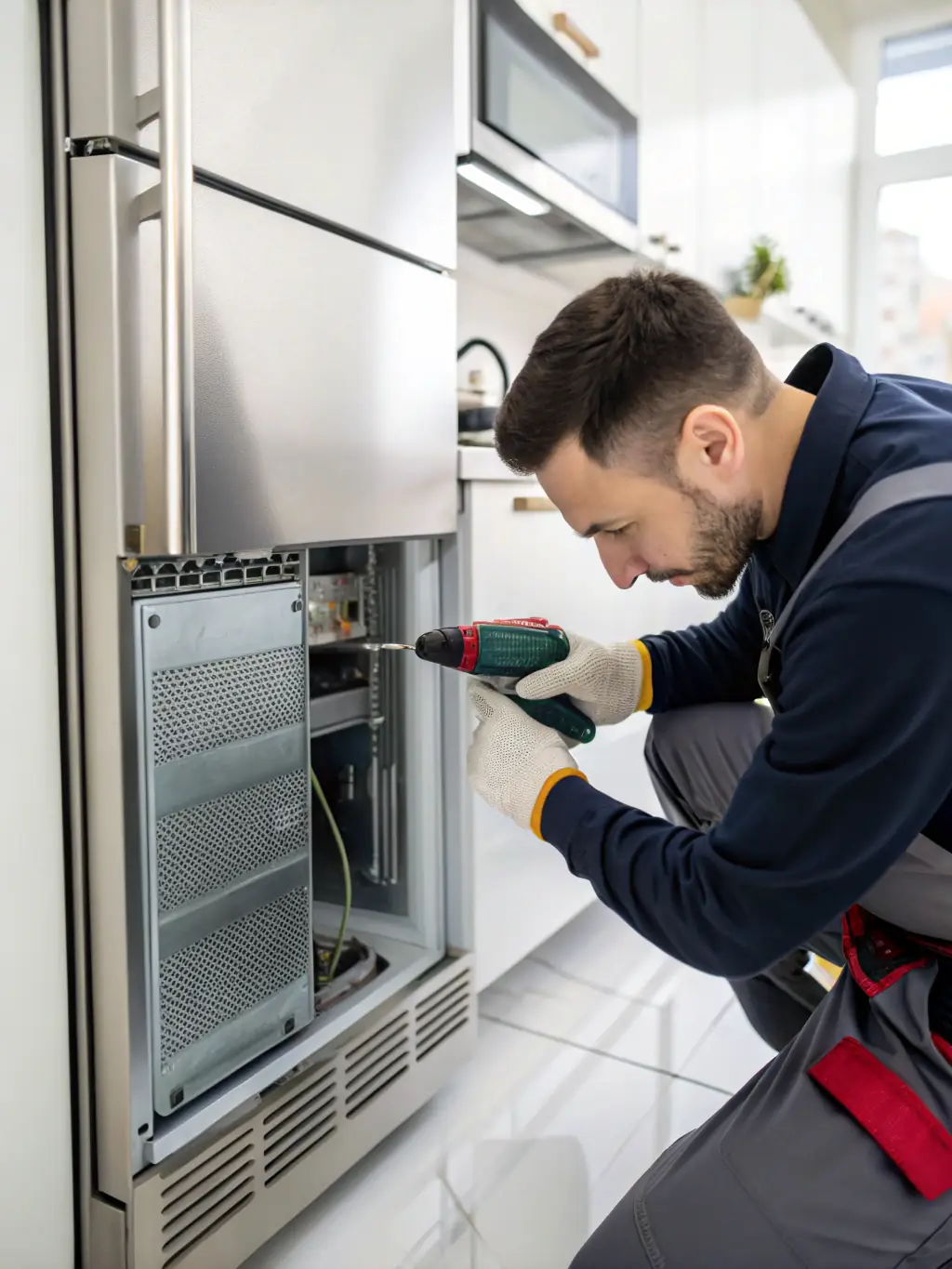 A close-up shot of a Sub-Zero Repair Pasadena technician expertly diagnosing a complex issue within a Sub-Zero refrigerator, showcasing their meticulous attention to detail.